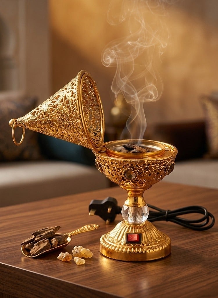 Luxury Mini Electric Oud Bakhoor Burner Gold Filigree Incense Burner with Crystal Accent, Portable Arabesque Electric Mabkhara, Electric Fragrance Diffuser for Oud, Resin, and Wood Chips - Image 3