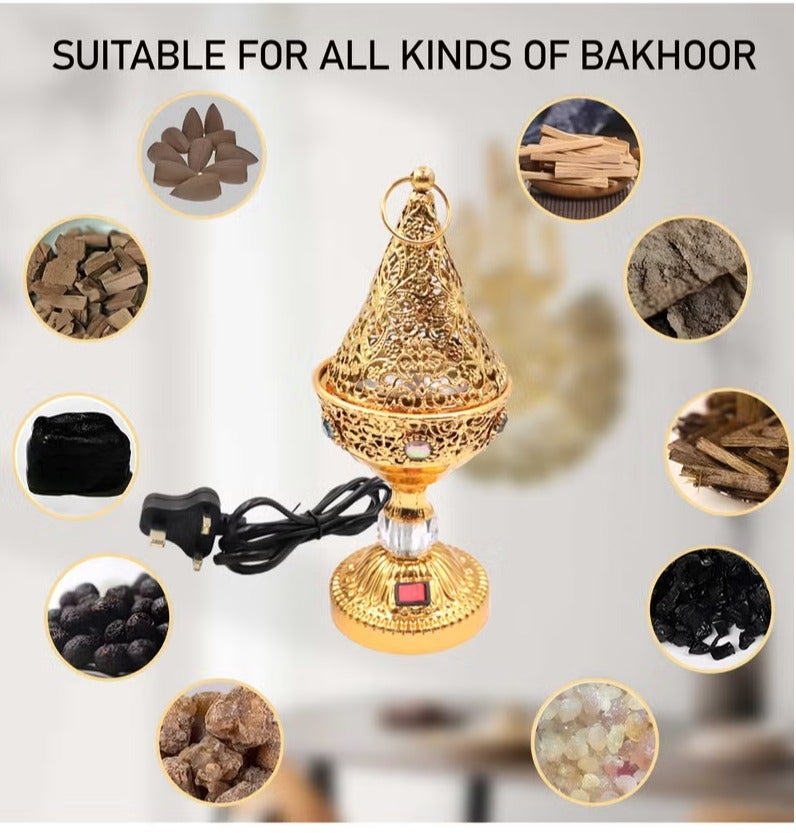 Luxury Mini Electric Oud Bakhoor Burner Gold Filigree Incense Burner with Crystal Accent, Portable Arabesque Electric Mabkhara, Electric Fragrance Diffuser for Oud, Resin, and Wood Chips - Image 5
