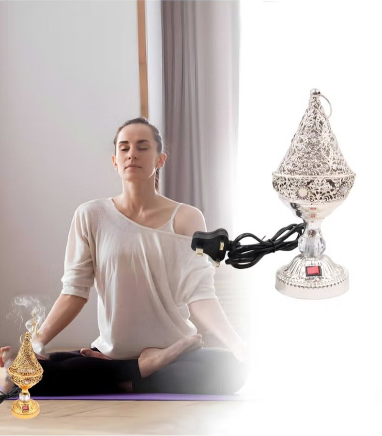 Luxury Mini Electric Oud Bakhoor Burner Gold Filigree Incense Burner with Crystal Accent, Portable Arabesque Electric Mabkhara, Electric Fragrance Diffuser for Oud, Resin, and Wood Chips - Image 4