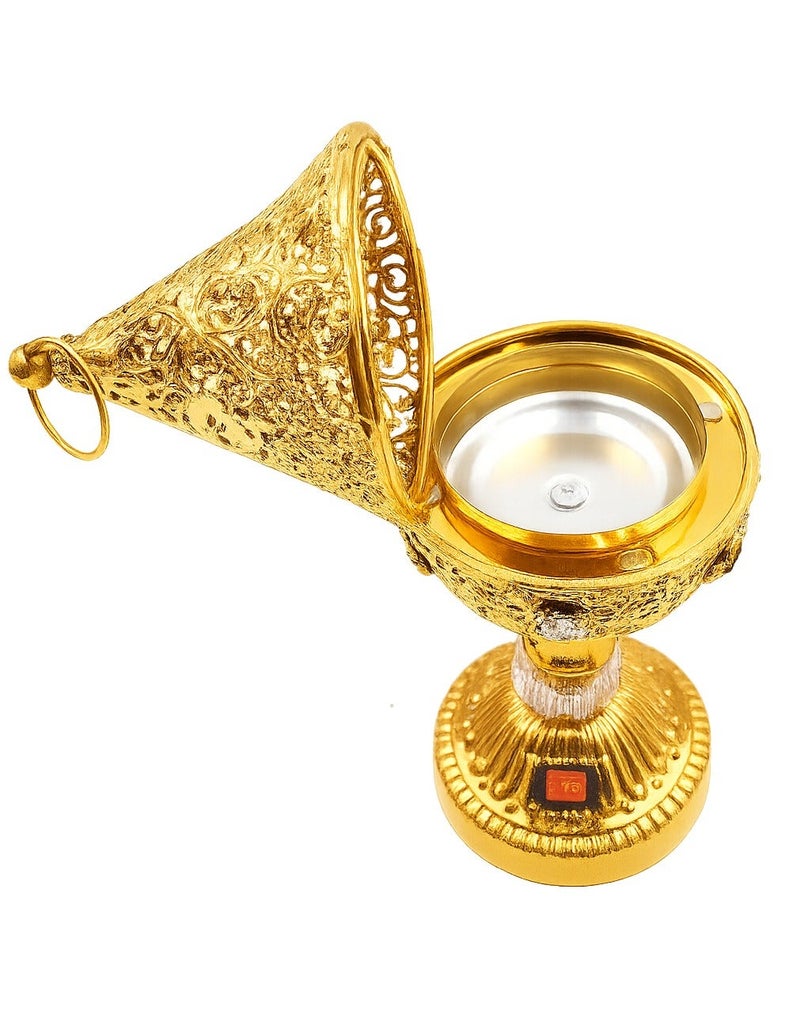 Luxury Mini Electric Oud Bakhoor Burner Gold Filigree Incense Burner with Crystal Accent, Portable Arabesque Electric Mabkhara, Electric Fragrance Diffuser for Oud, Resin, and Wood Chips - Image 2