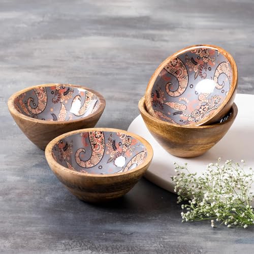 nestroots Wooden Serving Bowls | Set of 4 Grey Printed Multipurpose Snack & Dry Fruit Bowls | 6 iches Handcrafted Dining Essentials - Image 1
