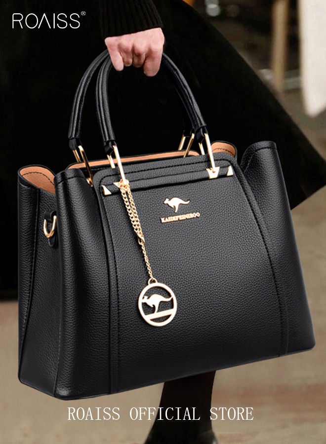 رويس حقيبة كتف نسائية من جلد البولي يوريثان، حقيبة يد نسائية أنيقة من الجلد اللامع، حقيبة يد مقاومة للماء، حقيبة كتف نسائية ذات سعة كبيرة، حقيبة حمل سوداء - Image 4