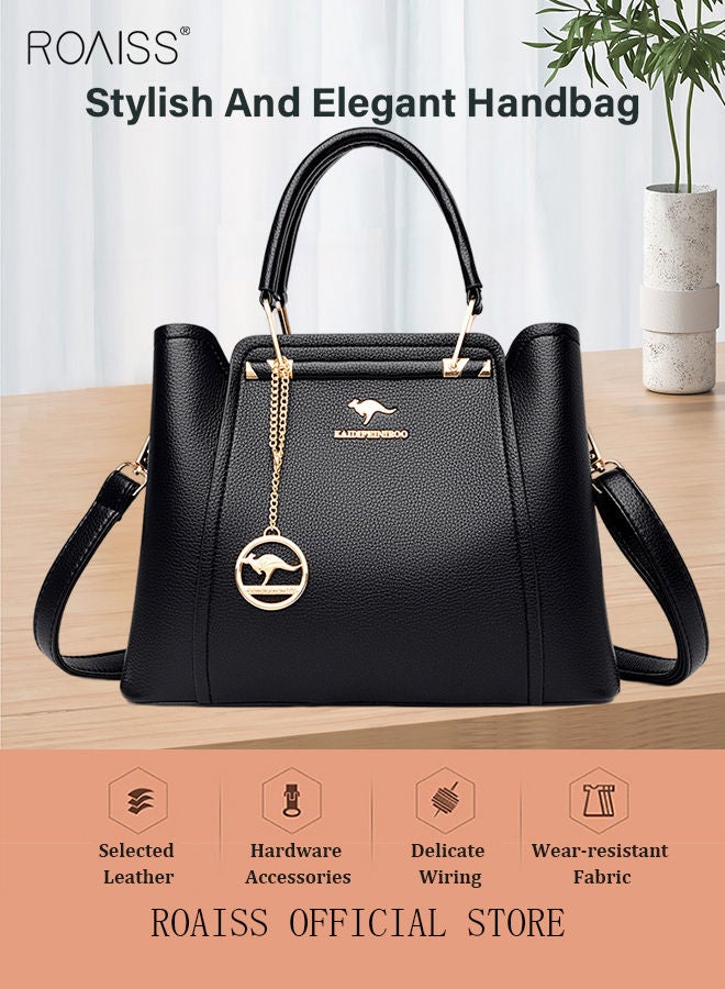 رويس حقيبة كتف نسائية من جلد البولي يوريثان، حقيبة يد نسائية أنيقة من الجلد اللامع، حقيبة يد مقاومة للماء، حقيبة كتف نسائية ذات سعة كبيرة، حقيبة حمل سوداء - Image 2