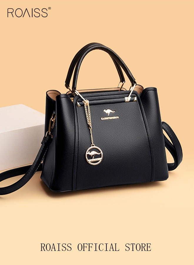 رويس حقيبة كتف نسائية من جلد البولي يوريثان، حقيبة يد نسائية أنيقة من الجلد اللامع، حقيبة يد مقاومة للماء، حقيبة كتف نسائية ذات سعة كبيرة، حقيبة حمل سوداء - Image 3