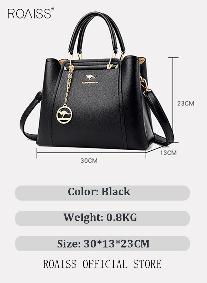 رويس حقيبة كتف نسائية من جلد البولي يوريثان، حقيبة يد نسائية أنيقة من الجلد اللامع، حقيبة يد مقاومة للماء، حقيبة كتف نسائية ذات سعة كبيرة، حقيبة حمل سوداء - Image 5