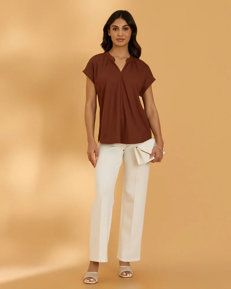 Redtag Women Brown V Neck Knitted Top