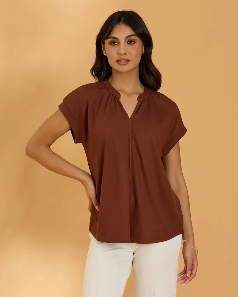 Redtag Women Brown V Neck Knitted Top