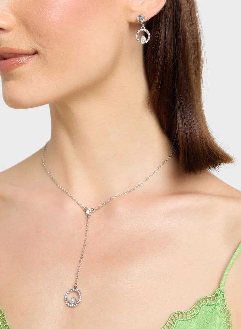 Ella Limited Edition Pearl Diamante Pendant Necklace  & Drop Earrings Set