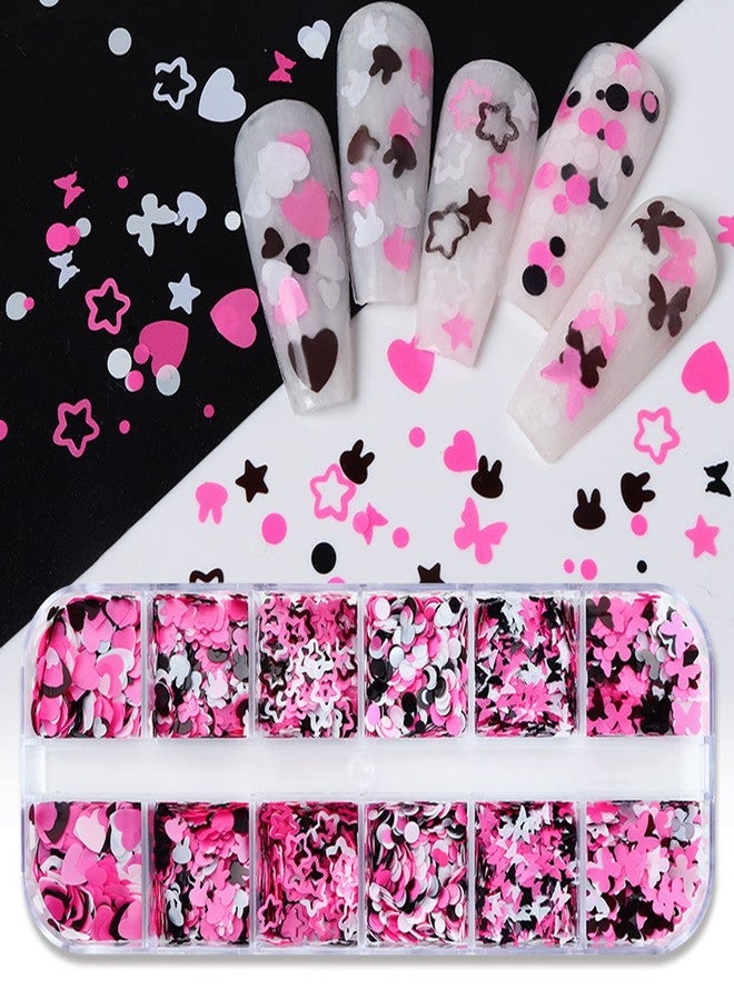 TBRZTR Nail Art Glitter Flakes 12 Grids Nail Sequins Love Heart Butterfly Stars Round Rabbit Nail Supplies Mixed 3 Colors Glitter Nail Charms Designs DIY Nail Decorations Nail Art Accessories for Women Girls - Image 2