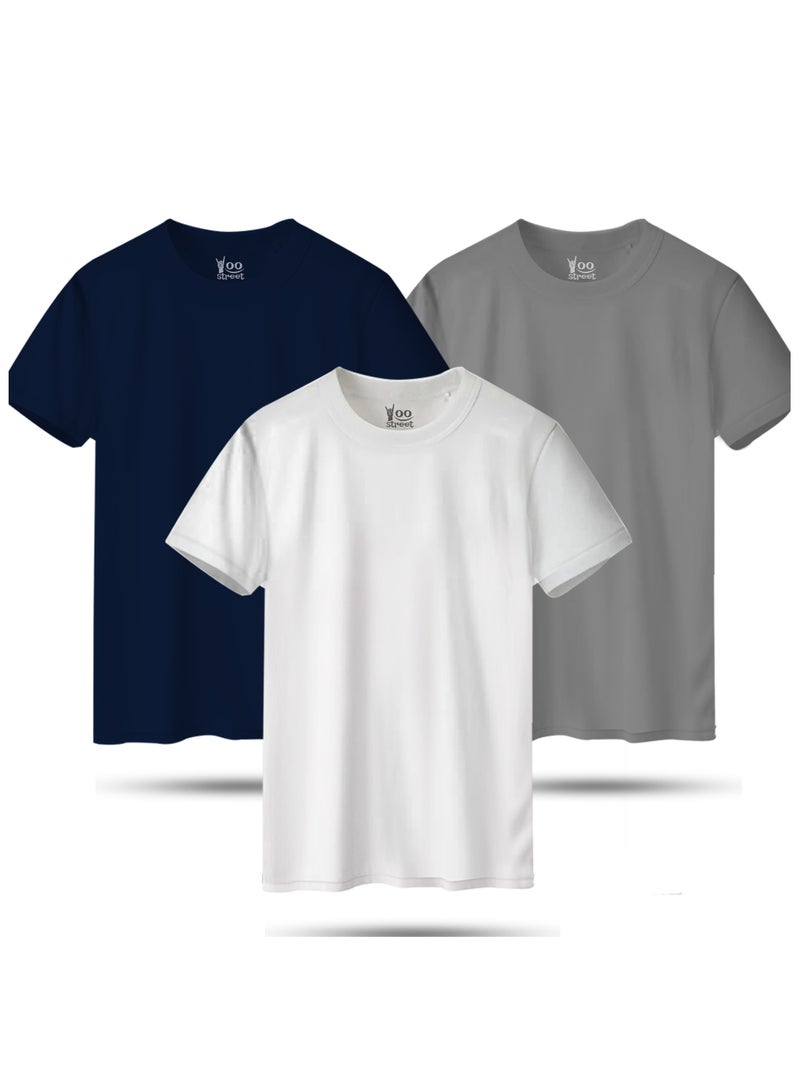 Yoo Street Bundle of 3 Classic T-Shirts - WHITE NAVY BLUE GRAY