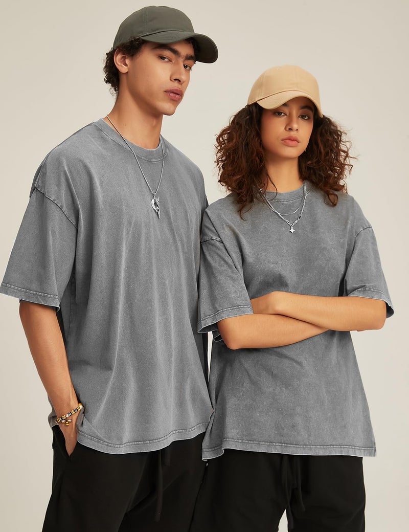 Flygo 3 Pack Men Oversized T Shirts Acid Washed Unisex Tee Loose Fit Short Sleeve Casual Streetwear Baggy Basic Tops(Black+Grey+ArmyGreen M) - Image 3