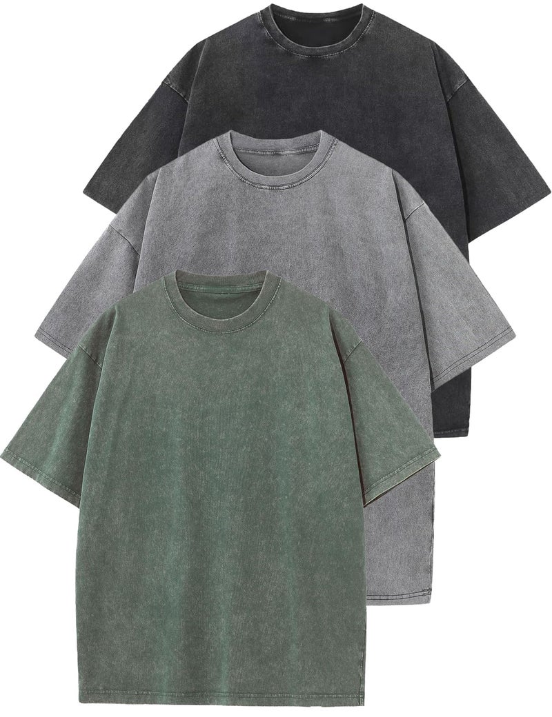 Flygo 3 Pack Men Oversized T Shirts Acid Washed Unisex Tee Loose Fit Short Sleeve Casual Streetwear Baggy Basic Tops(Black+Grey+ArmyGreen M) - Image 1
