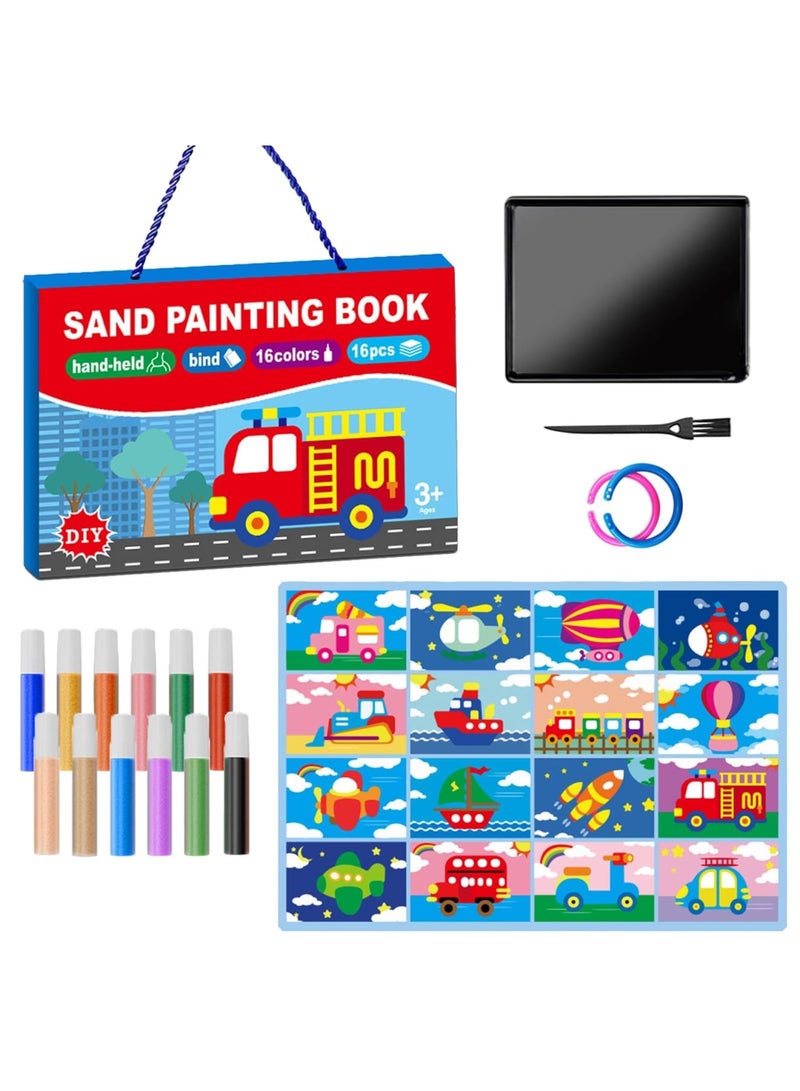 Barakah 32 Pcs Kids Sand Art Kit, 16 Color Vehicle Sand Painting Set with 16 Scenic Sheets, DIY Craft Art Supplies for Boys and Girls Ages 6-12, Creative Arts and Crafts Educational Gift - Image 1