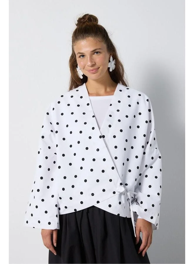 mina aise Women's Beige Polka-Dotted Tie-Detail Oversized Lined Trench Coat 32002.