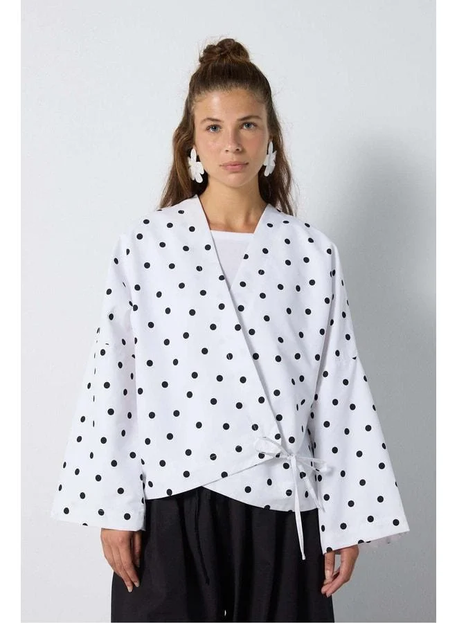 mina aise Women's Beige Polka-Dotted Tie-Detail Oversized Lined Trench Coat 32002.