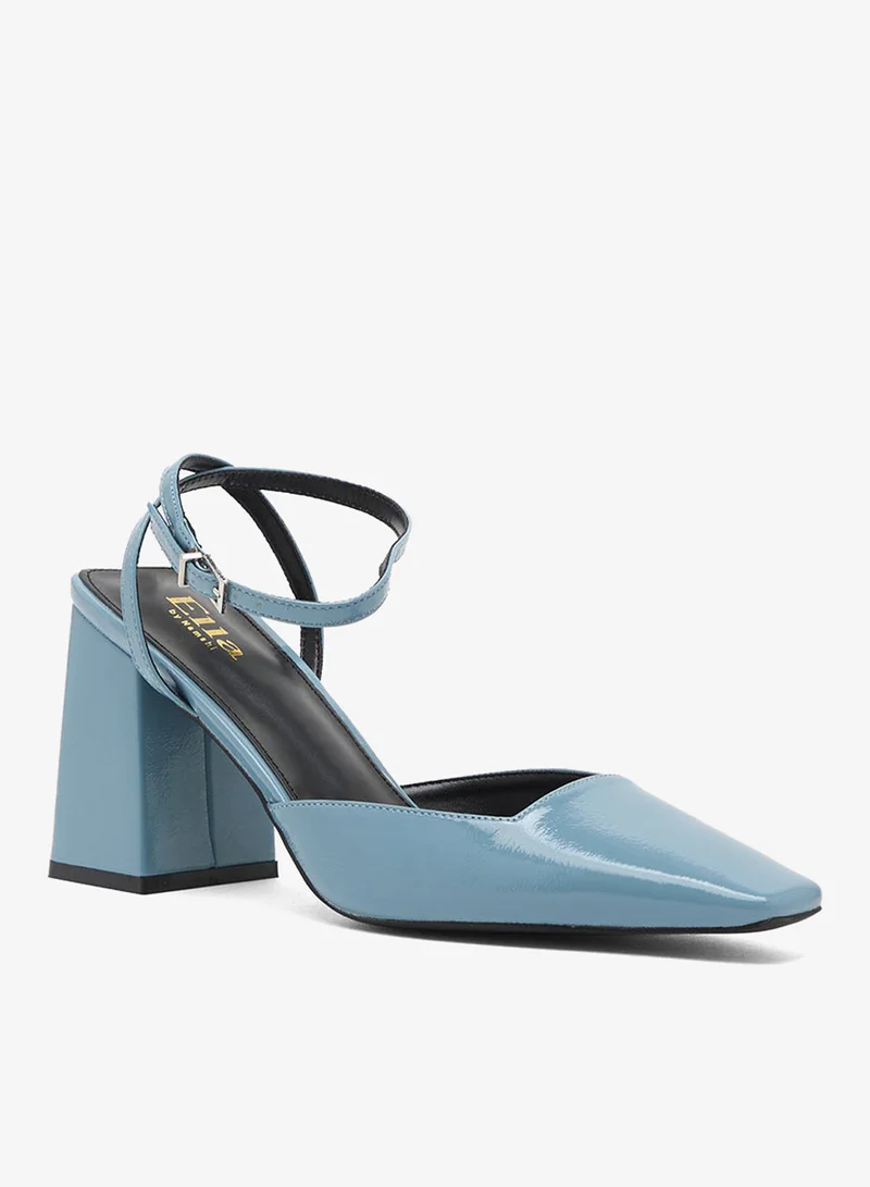 ELLA BLUE PATENT High Block Heel Pump With Ankle Strap for Women | Best Price UAE
