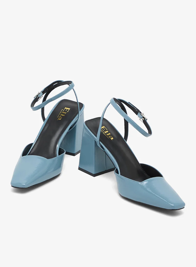 ELLA BLUE PATENT High Block Heel Pump With Ankle Strap for Women | Best Price UAE