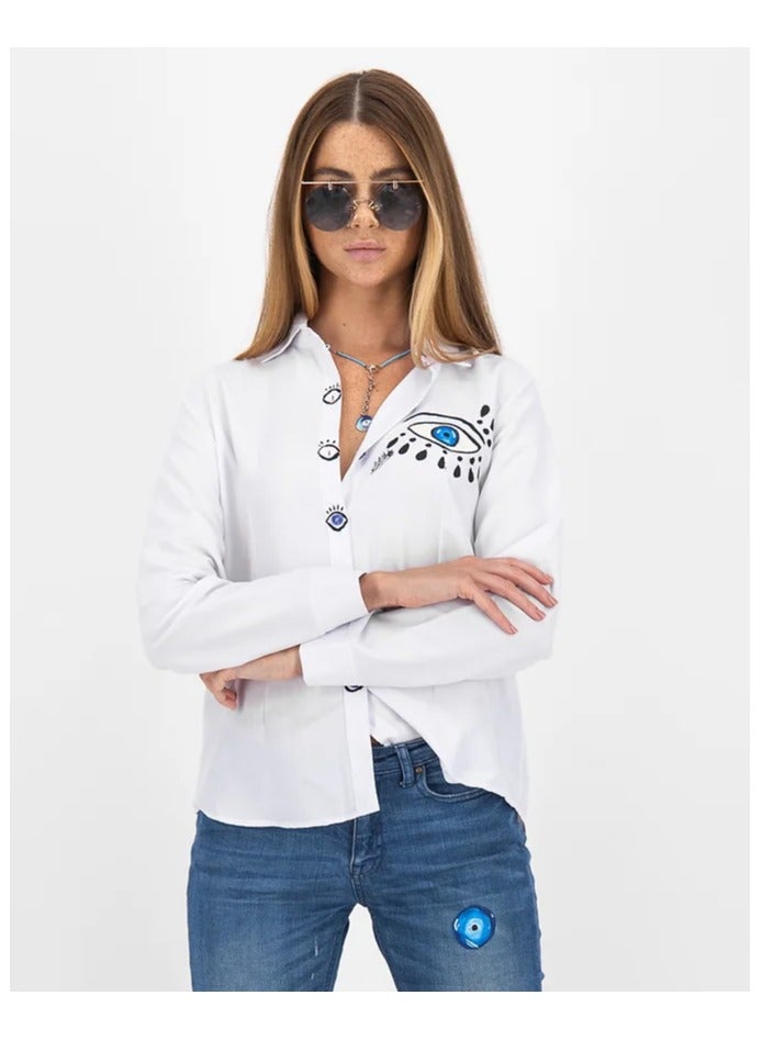 Nour B Art Hand-painted Women Shirt Long Sleeves Signature Blue Eye - Image 1
