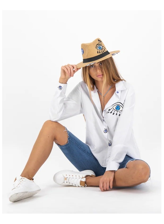 Nour B Art Hand-painted Women Shirt Long Sleeves Signature Blue Eye - Image 3