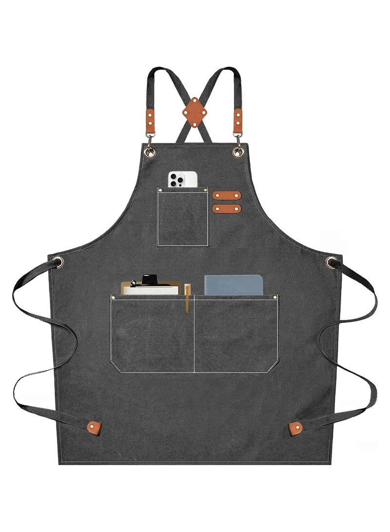 Chef Apron Waterproof  for Women and Men,Cotton Canvas Apron with Adjustable Straps and Large Pockets, for Kitchen Cooking Baking Hairstylist Woodworking Welding Carpenter Work Bib Painting Gardening Apron Grey - Image 1