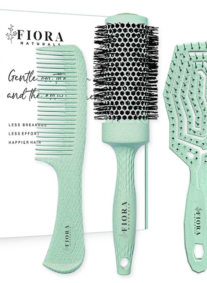 Fiora Naturals Hair Brush Set For Women - Fiora Naturals Hair Detangler Brush, Round Brush, and Comb Set - Bio-friendly Hairbrushes for Detangling and Blow Drying - For All Hair Types, Natural, Fine & Curly. - Image 1