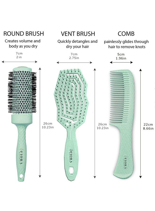 Fiora Naturals Hair Brush Set For Women - Fiora Naturals Hair Detangler Brush, Round Brush, and Comb Set - Bio-friendly Hairbrushes for Detangling and Blow Drying - For All Hair Types, Natural, Fine & Curly. - Image 5