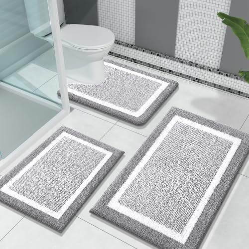 OLANLY Bathroom Rugs Sets 3 Piece, Soft Absorbent Microfiber Bath Mats and U-Shaped Contour Toilet Rug, Home Decor Accessories, Non-Slip, Bath Mat Set for Bathroom (30"x20"+24"x16"+24"x20", Grey) - Image 1