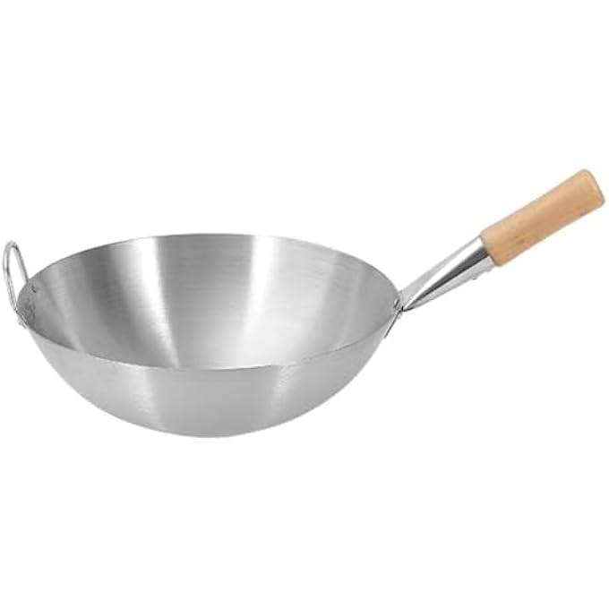 ECVV Stainless Steel Wok Pan Stir Fry Pan Deep Frying Wok Frying Skillet With Wooden Handle  32Cm - Image 1