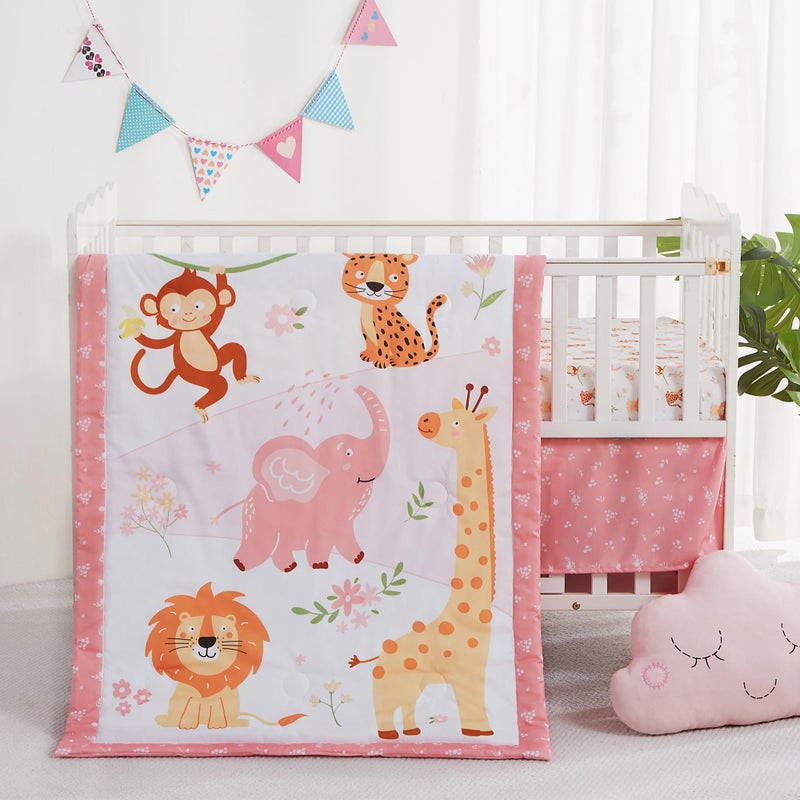 lasoftan 3 Piece Baby Crib Bedding Set, Infant Nursery Bed Set Decor with Quilt + Fitted Crib Sheet + Skirt, Baby Bedding Set Breathable and Soft for Baby Boy and Girl - Pink Elephant - Image 1