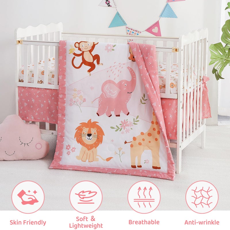 lasoftan 3 Piece Baby Crib Bedding Set, Infant Nursery Bed Set Decor with Quilt + Fitted Crib Sheet + Skirt, Baby Bedding Set Breathable and Soft for Baby Boy and Girl - Pink Elephant - Image 2