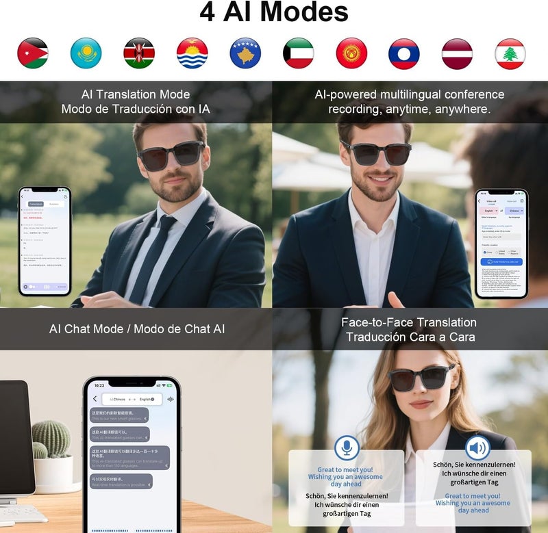 نظارات ذكية مع ChatGPT- ترجمة في الوقت الحقيقي 110+ لغات ، إلغاء الضوضاء ، نظارات مترجمة الذكاء الاصطناعي الصوتية المفتوحة للأذن ، نظارات شمسية ذكية UV400 ، الكشف عن رأس التشغيل / إيقاف التشغيل التلقائي - رمادي - Image 4