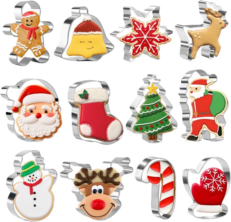 KAISHANE KAISHANE Christmas Cookie Cutter Set  12 Pcs Stainless Steel Cutters Christmas treeSanta ClausSnowmanReindeerGingerbread ManSnowflakeAngelChristmas Socks and more for Biscuit Fondant - Image 1