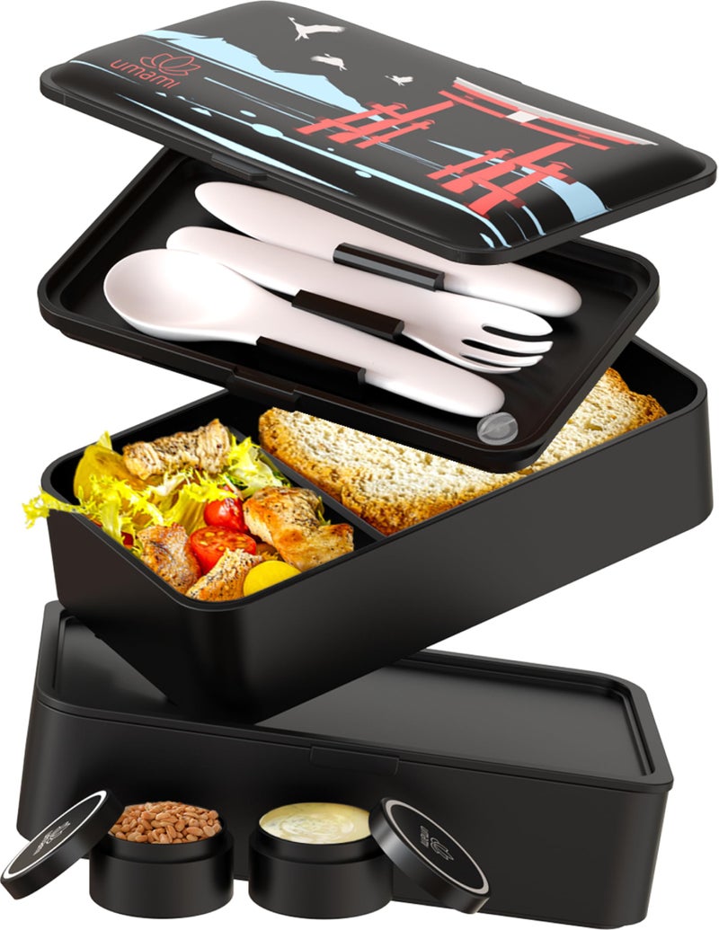 Umami Bento Box Adult All-In-1 w/4 Utensils, 2Sauce Jars, 2 Dividers, 100% Leakproof, Microwave & Dishwasher Safe, Stackable Bento Lunch Box Containers for Men/Women, Matte Black - Miyajima, 40 oz - Image 1