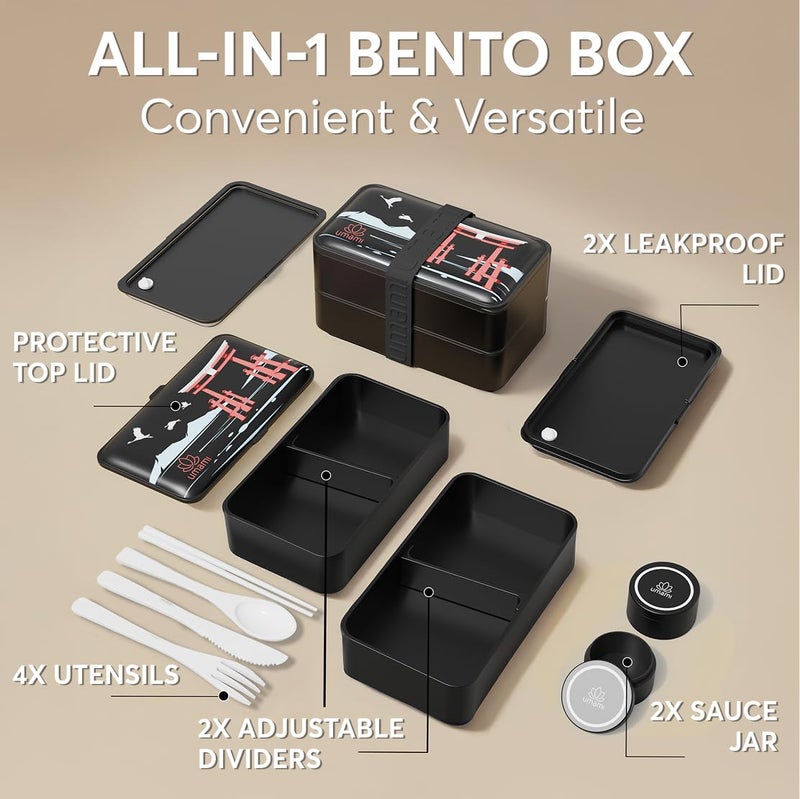 Umami Bento Box Adult All-In-1 w/4 Utensils, 2Sauce Jars, 2 Dividers, 100% Leakproof, Microwave & Dishwasher Safe, Stackable Bento Lunch Box Containers for Men/Women, Matte Black - Miyajima, 40 oz - Image 3