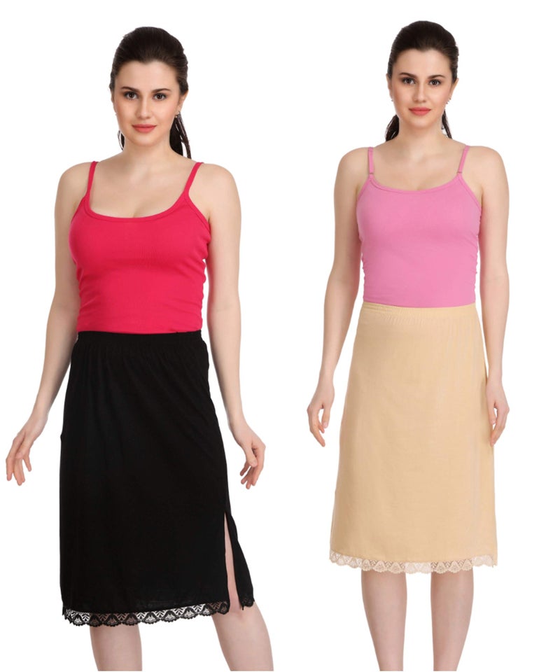 Splash Cotton Rich Regular Skirt Slip for Women - Knee Length - Black & Beige - 2XL - Image 1