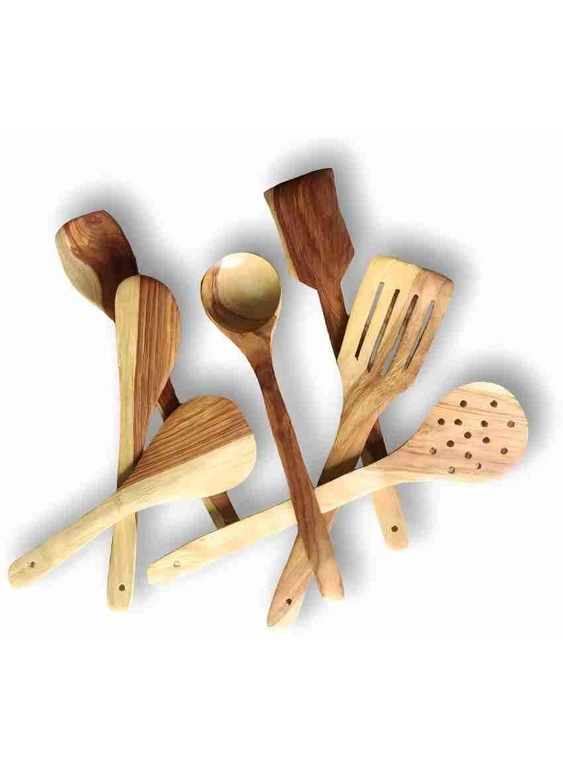 Flavoma Natural Sheesham Wood Spoon Set of 7 | Handmade Cooking Spoon Set | Wooden for Nonstick Cookware Kitchen Utensils | Kitchen Utensils, Frying Spoon Ladles & Turning Spatula, 24 Cm - Image 3