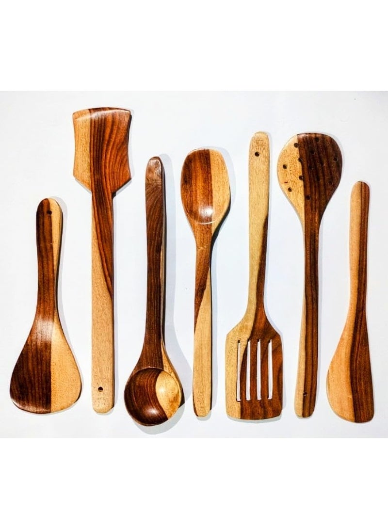 Flavoma Natural Sheesham Wood Spoon Set of 7 | Handmade Cooking Spoon Set | Wooden for Nonstick Cookware Kitchen Utensils | Kitchen Utensils, Frying Spoon Ladles & Turning Spatula, 24 Cm - Image 1