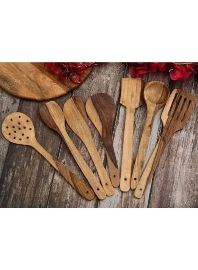Flavoma Natural Sheesham Wood Spoon Set of 7 | Handmade Cooking Spoon Set | Wooden for Nonstick Cookware Kitchen Utensils | Kitchen Utensils, Frying Spoon Ladles & Turning Spatula, 24 Cm - Image 2