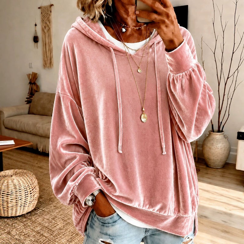 Women's Velvet Hoodie Long Sleeve Loose Fit - Image 1