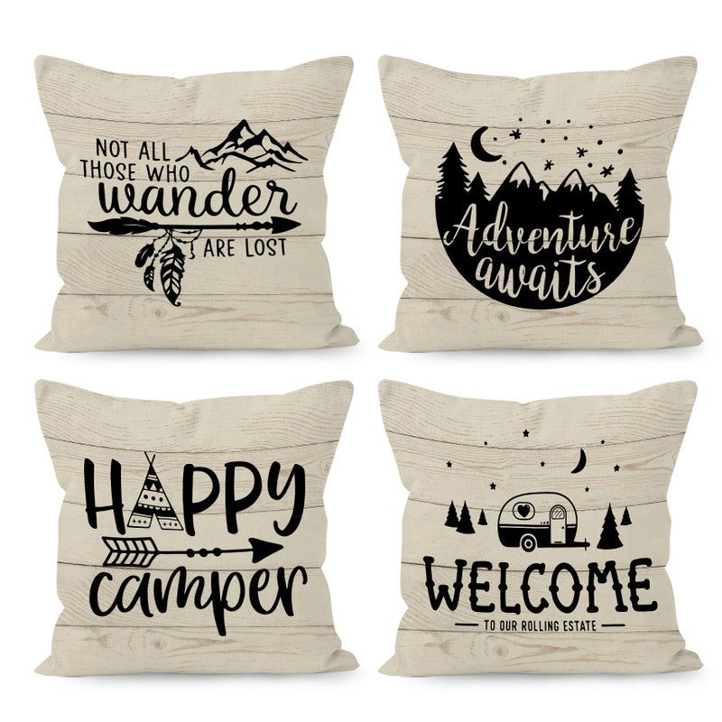 HUYAW Happy Camper Camping Welcome Decorative Throw Pillow Covers Adventure Awaits Pillow Cases Set of 4 18 x 18 Inch Home RV Decor