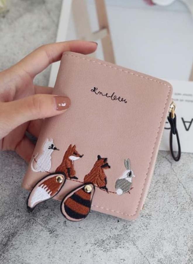 Animals Embroidery Bifold Wallet Pink/Brown - Image 4