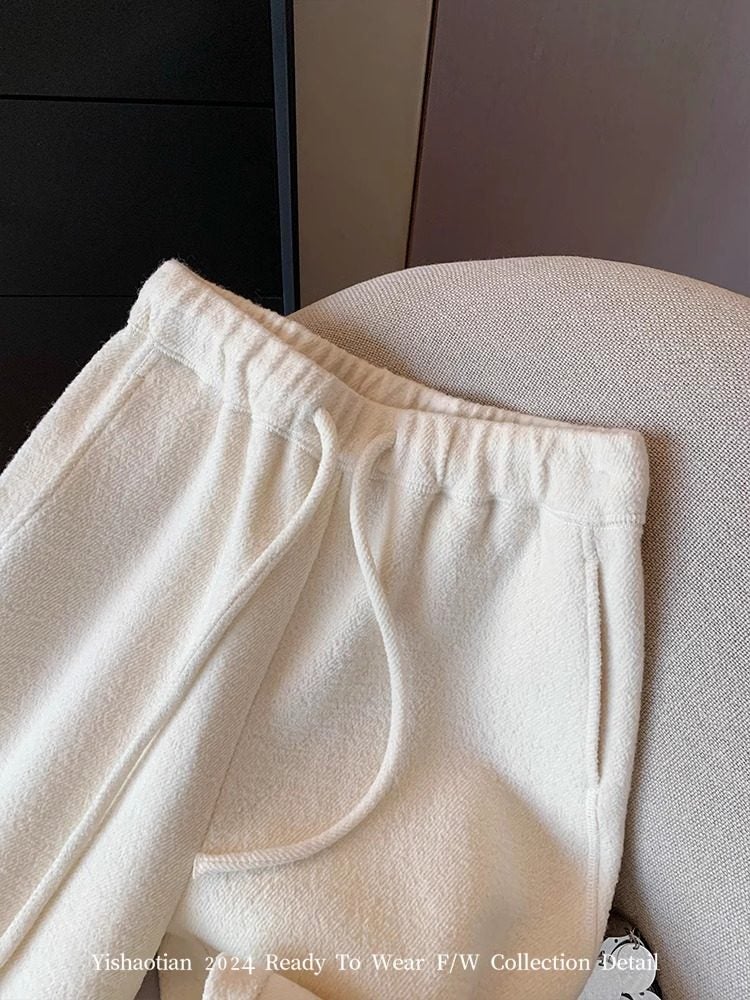 White woolen casual pants for children's autumn and winter drape soft glutinous rice pants high-waisted drawstring loose straight towel wide-leg pants - Image 2