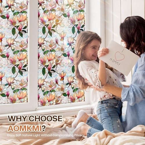Aomkmi Floral Window Privacy Films, Stained Glass Rainbow Window Sticker Decor, UV Blocking Removable Static Cling Film for Bathroom Living Room Bedroom Sunroof, 17 x 39.37 Inch - Image 3