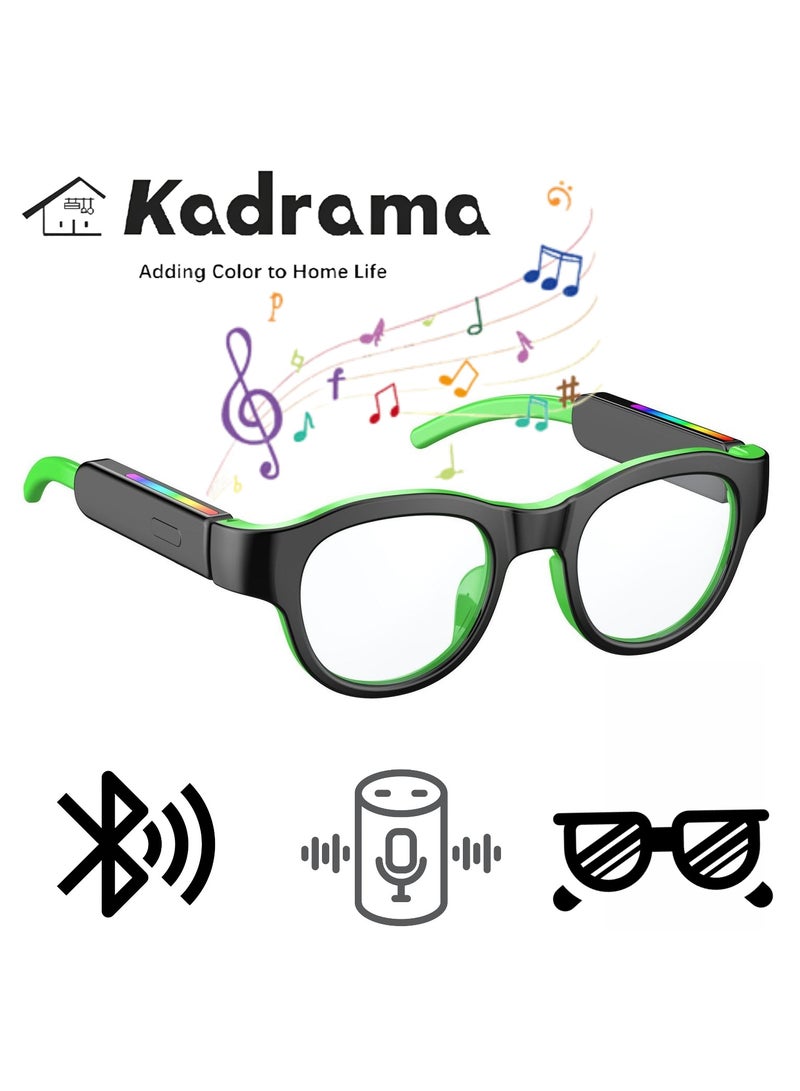 كادراما نظارات بلوتوث ذكية - مع حماية من الضوء الأزرق، مكالمات بدون استخدام اليدين، تصميم أذن مفتوحة مع ميكروفون، موسيقى، مساعد إيقاظ صوتي، متوافقة مع أجهزة iOS وAndroid والأجهزة اللوحية، تدعم الشحن المغناطيسي، تأثيرات إضاءة متعددة الألوان RGB، مناسبة للأولاد والبنات، أسود + أخضر - Image 1
