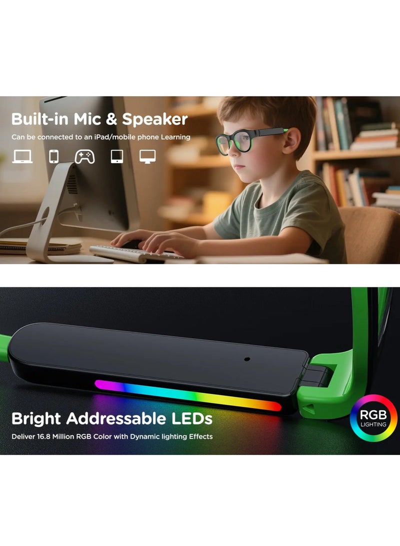 كادراما نظارات بلوتوث ذكية - مع حماية من الضوء الأزرق، مكالمات بدون استخدام اليدين، تصميم أذن مفتوحة مع ميكروفون، موسيقى، مساعد إيقاظ صوتي، متوافقة مع أجهزة iOS وAndroid والأجهزة اللوحية، تدعم الشحن المغناطيسي، تأثيرات إضاءة متعددة الألوان RGB، مناسبة للأولاد والبنات، أسود + أخضر - Image 2