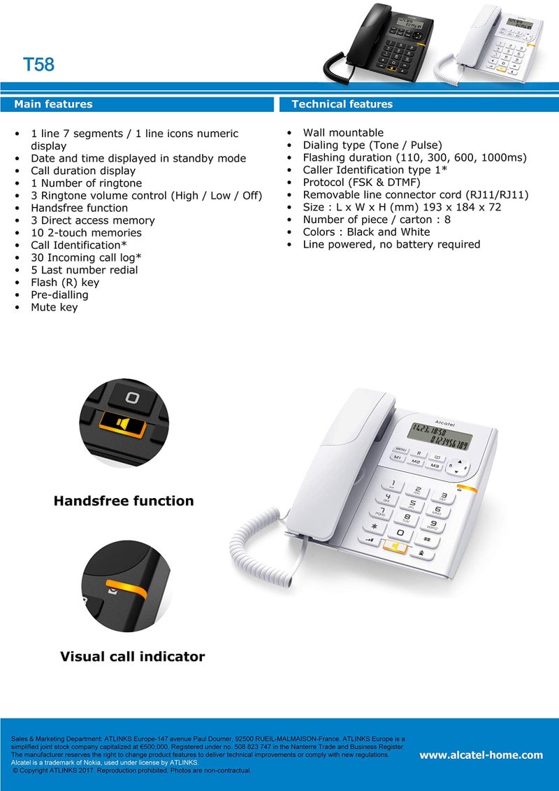 Alcatel T-58 Corded Landline Phone with Caller ID and Speaker with Attractive Design (White) - Image 2
