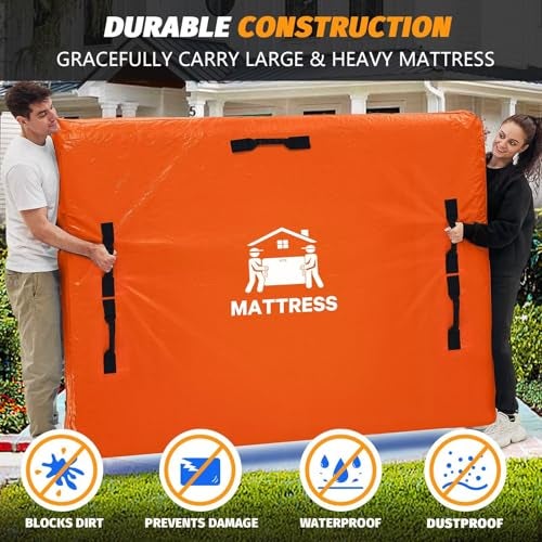 BETU Mattress Bags for Moving, BETU Mattress Protector Waterproof Mattress Cover Queen Size Storage Bags with 8 Heavy-Duty Handles and Zipper for Bed Extra Thick Large Reusable (82"x62"x15" Orange) - Image 4