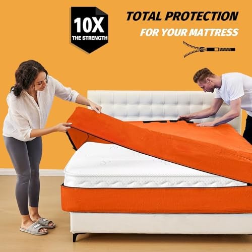BETU Mattress Bags for Moving, BETU Mattress Protector Waterproof Mattress Cover Queen Size Storage Bags with 8 Heavy-Duty Handles and Zipper for Bed Extra Thick Large Reusable (82"x62"x15" Orange) - Image 2