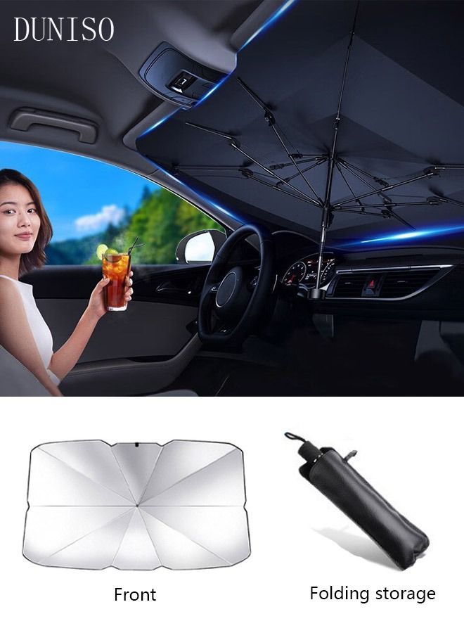 DUNISO Car Windshield Sunshade Umbrella Pull Ring Car Sun Shade Front Window Cover Foldable Sunshade Umbrella for UV Ray Block Sun Heat Protection for Most Vehicles Automotive Interior - Image 1