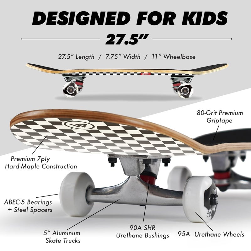 Magneto Skateboard - 9-Ply Maple Deck for Kid Skateboarders & Teen Beginners - Double Kicktails & ABEC-5 Bearings for Trick Moves - Smooth Cruiser Board Rides for Teen Girls - 27.5x7.75 in, Checkered - Image 4